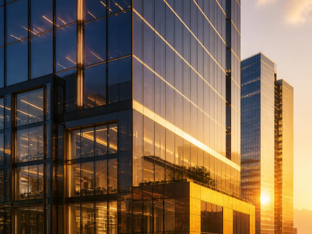Torre corporativa moderna al atardecer